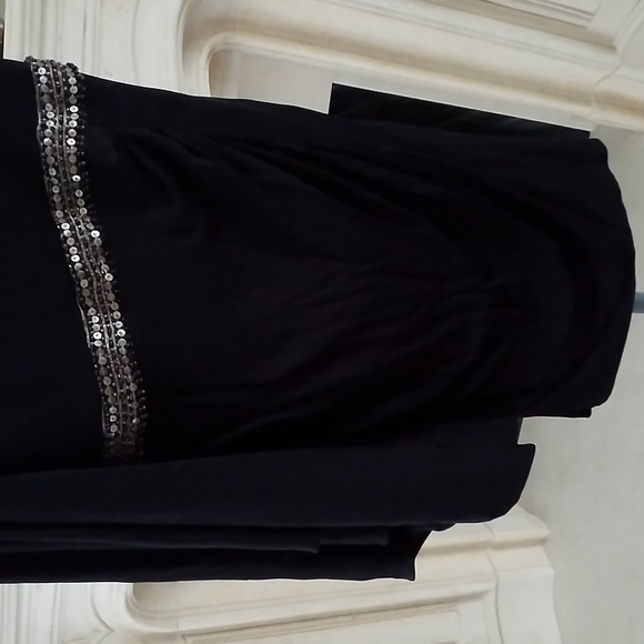 Cache. One-Shoulder, Cascading, Draped-Sleeve, Ruched Black Dress. Beaded Silky - Picture 6 of 16